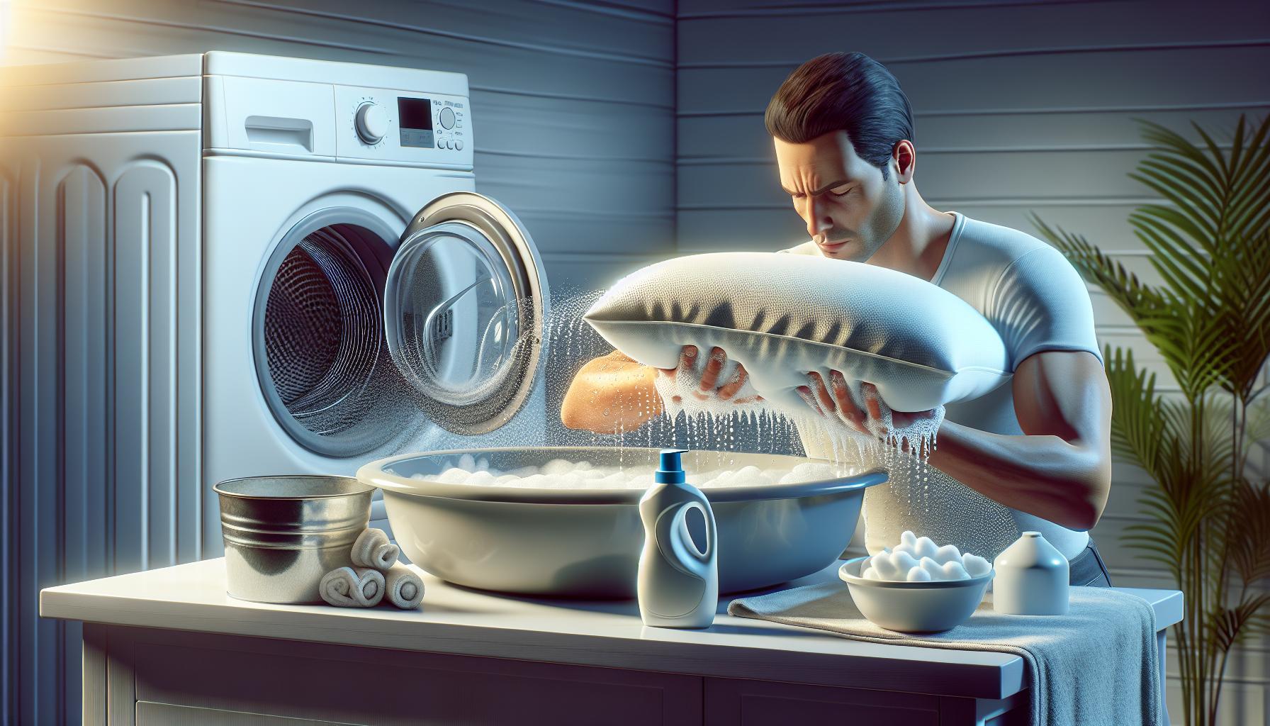 Man Washing his Memory Foam Pillow