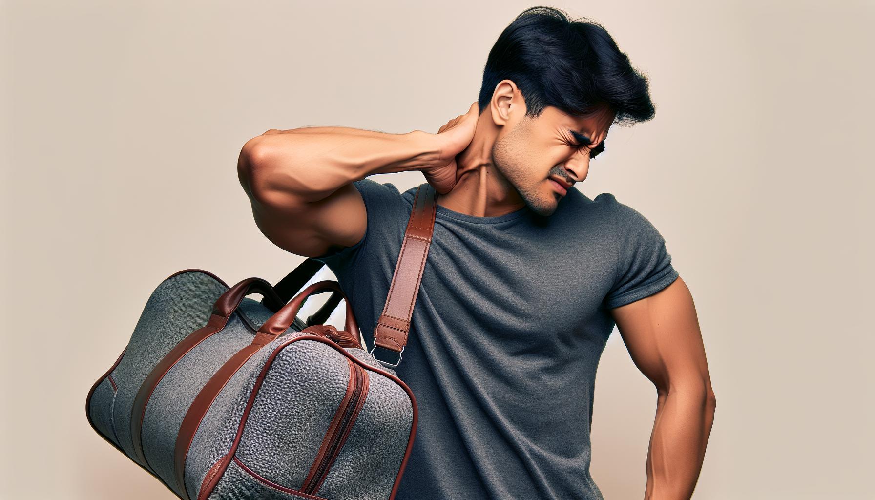 Man with neck pain holding a duffel bag