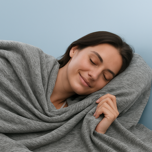 Woman wrapped in a gray blanket on a light blue background